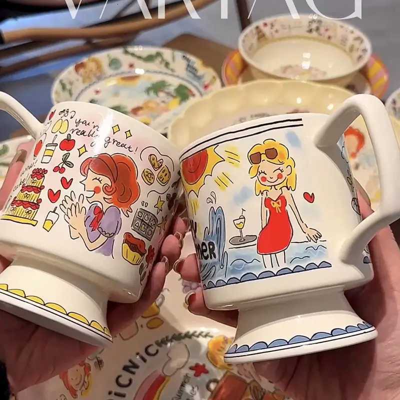Vigorous Girls High Cup French Coffee Cup Handpainted Cute Cartoon Task Breakfast Bowl Handmade Tea Cup Saucer Set Cute Gift M251206 - view 5