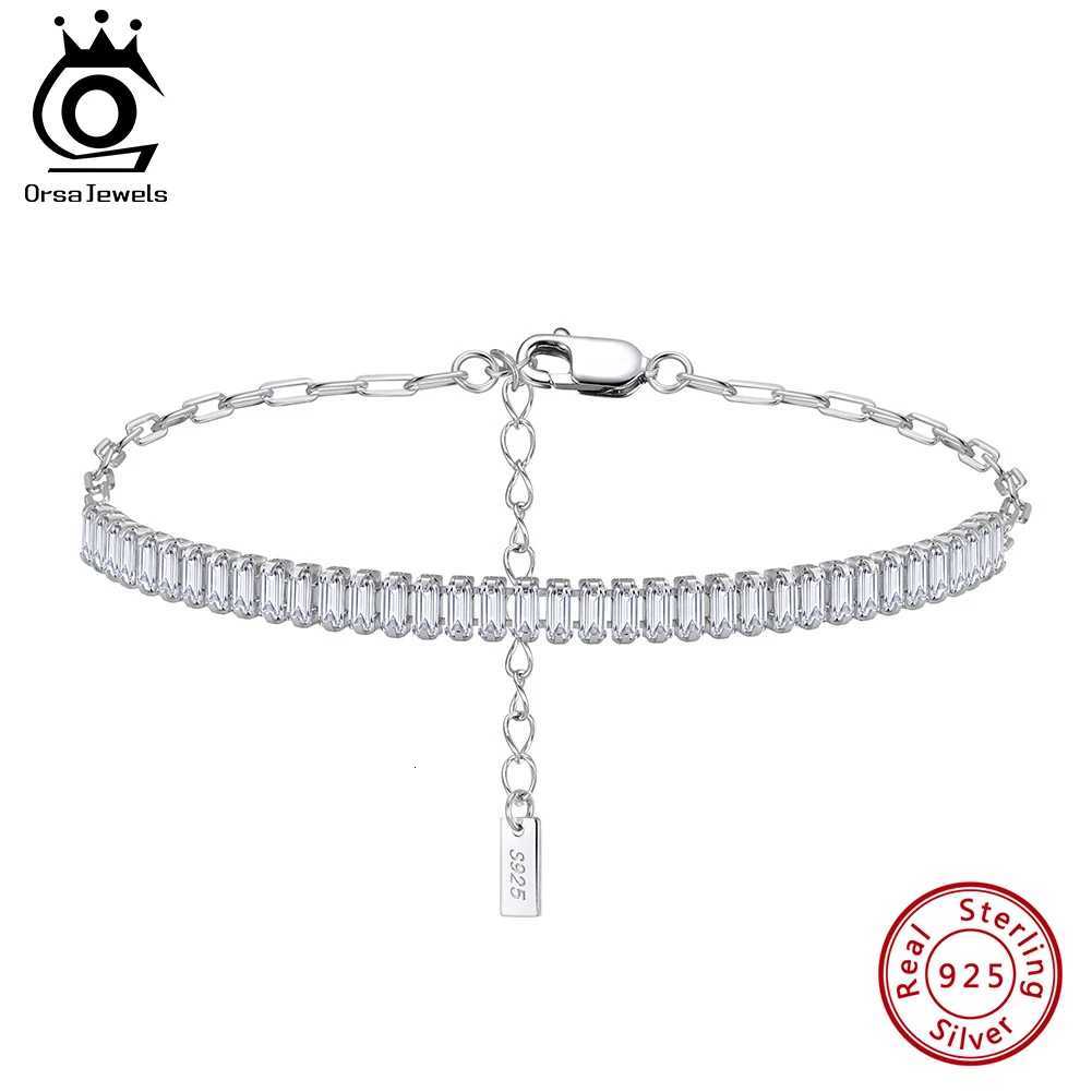 ORSA JEWELS Solid Silver Tennis Bracelet Emerald Cut CZ with PaperClip Chain Cubic Zircon Bracelet Elegant Shiny Female SB215 W251206