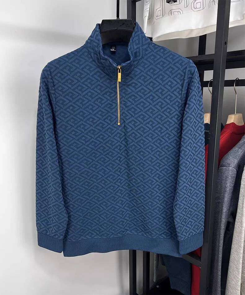 High End Brand Fashion Jacquard Long Sleeve T-Shirt Men's Casual Sweater Autumn Trend Korean Style Half Zipper Collar Pullover