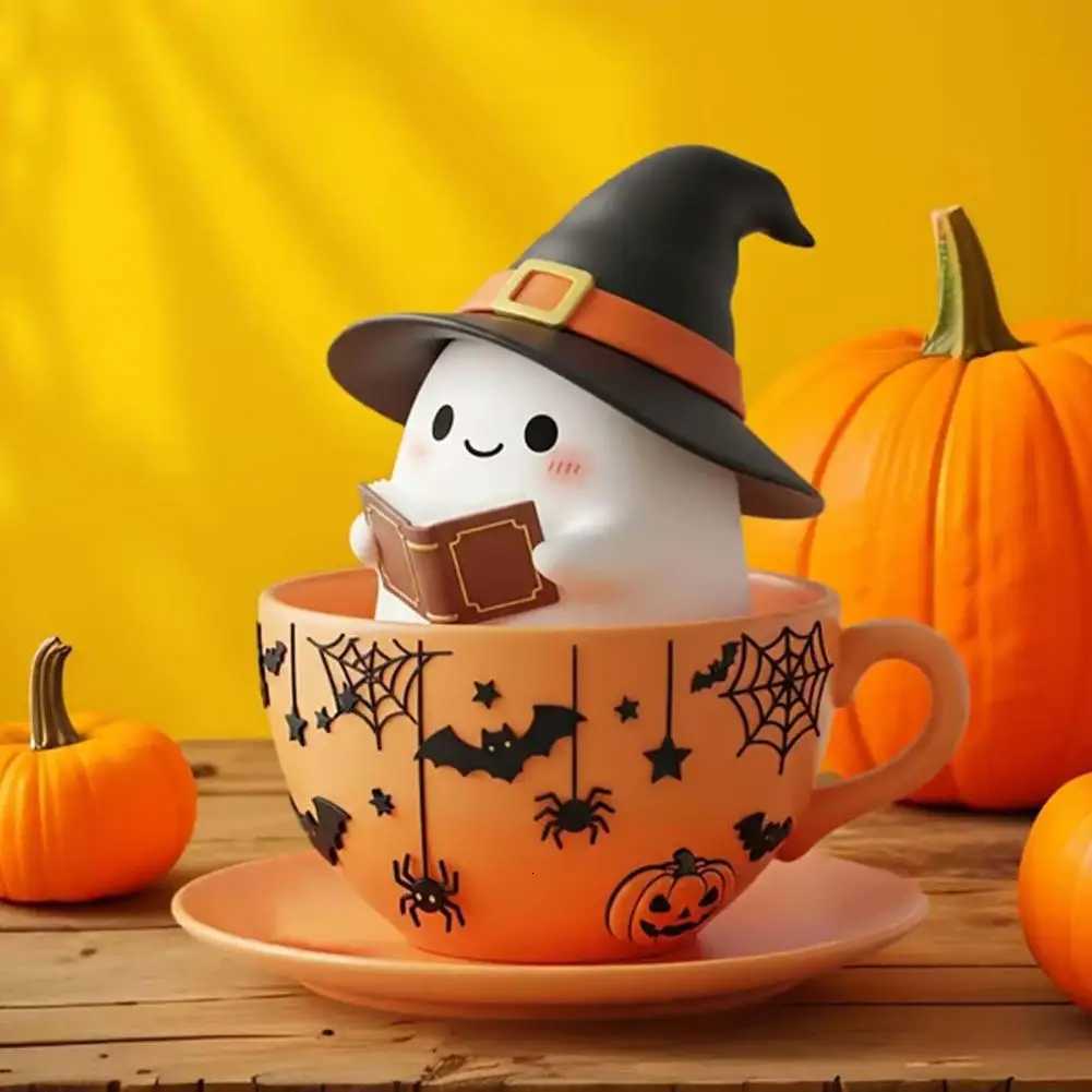 Halloween Ghost Teacup Figurine Witch Hat Reading Ghost Statue Resin Sculpture Holiday Party Desktop Decoration Ornament M251206 - view 4