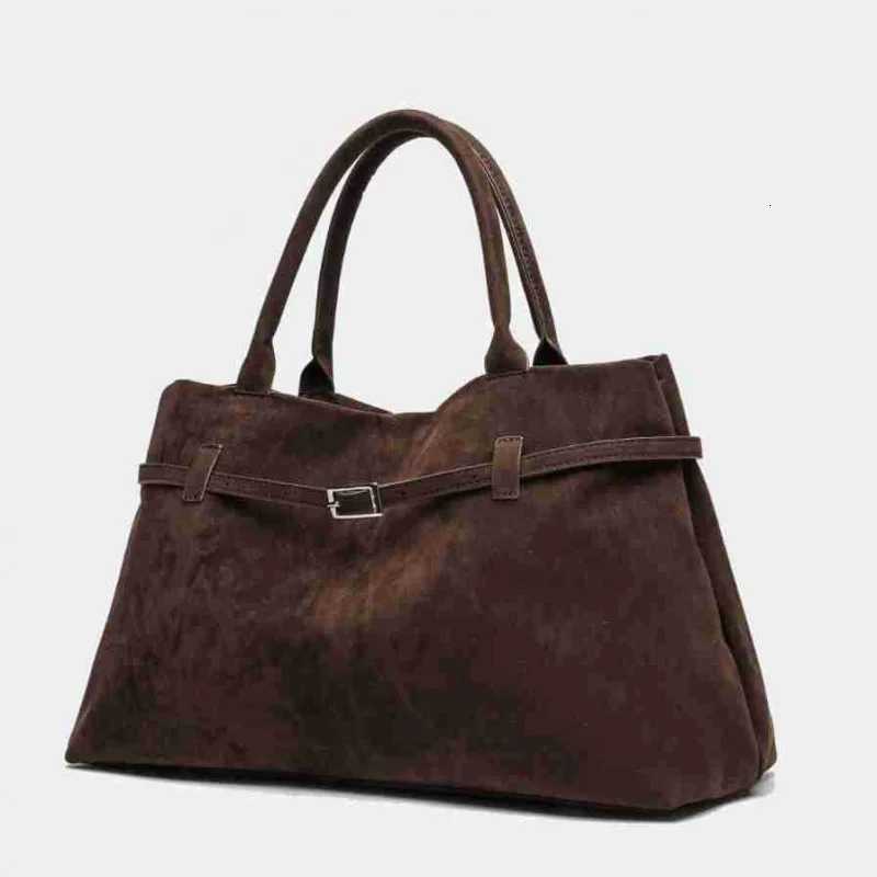 Vintage Suede Handbag Brown Matte Finish Classic Tote with Lock Design Large Capacity Commuter Bag for WomenT251205