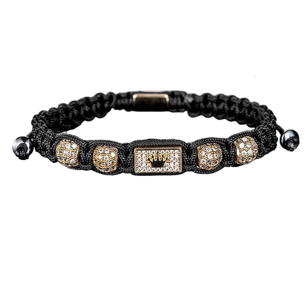 New Mens Adjustable Black Braided Crown Design Bracelet with Sparkling Synthetic Zirconia Stones Elegant GoldenTone Rectangular W251206