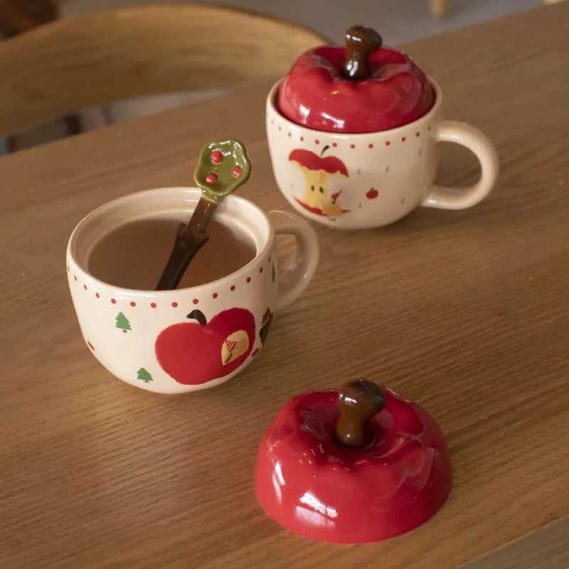 Vintage Mug With Lid And Spoon Apple Shape CeramicWater Girls Christmas Gift Coffee Couple Milk Breakfast M251206 - view 4