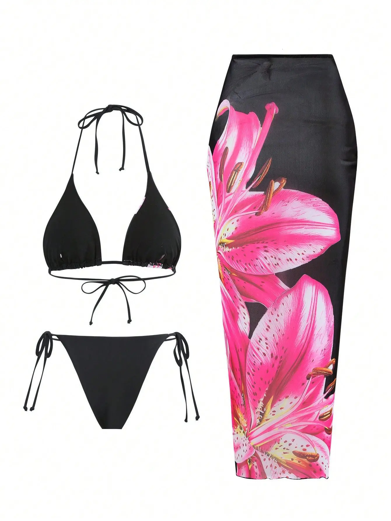 Flower Print Bikini Set Womens High Waist Long Skirt 3 Piece Swimsuit Sexy Mini Triangle Backless Thong Bathing Suit 251205