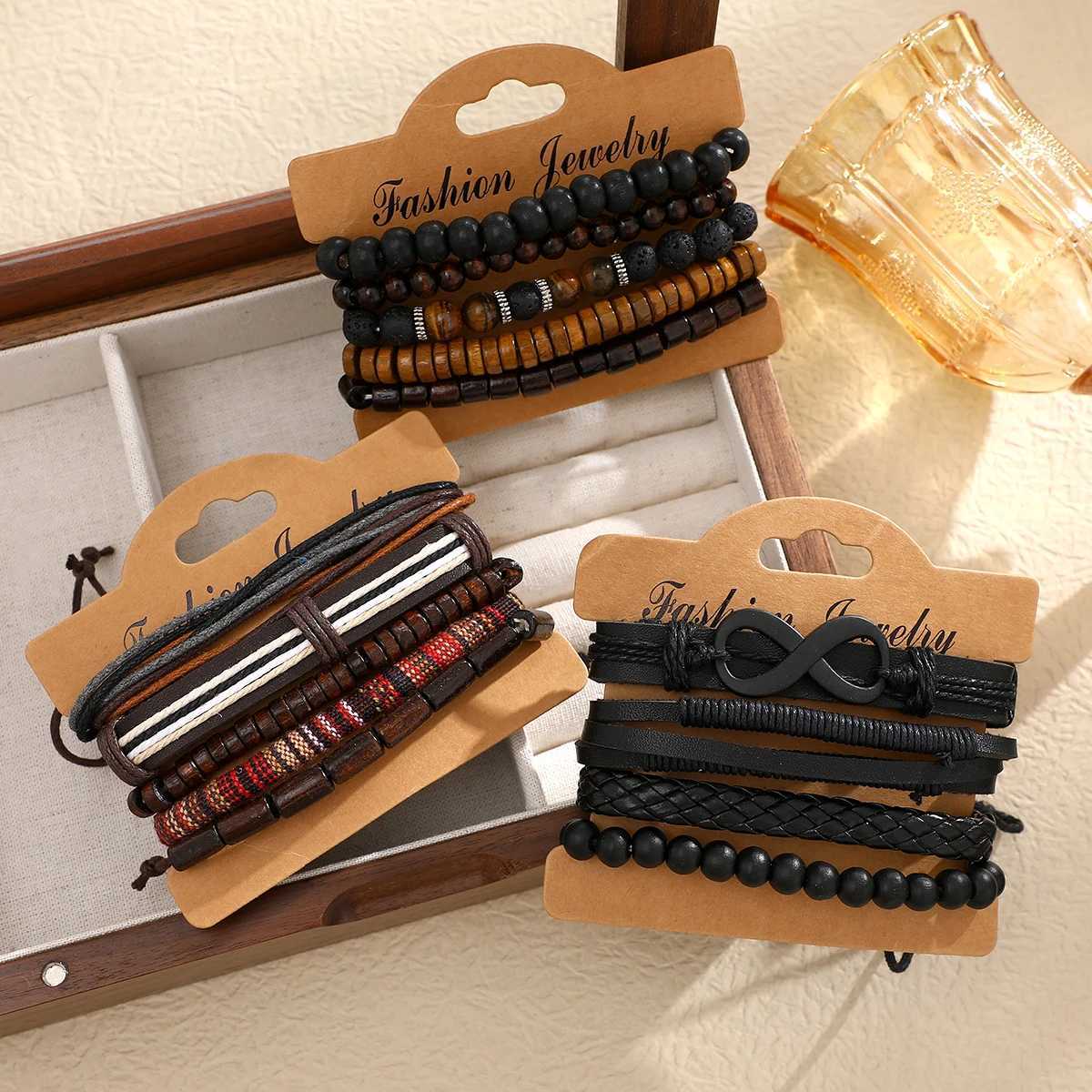 15 Pcs/set Classic Mens Leather Bracelet Vintage Style Hand-woven Multi-layer Combination Accessory Fashion Man Jewelry Gifts W251206