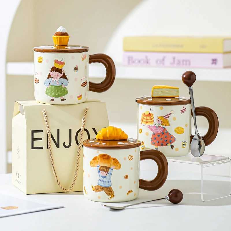 Gift Box Household Ceramic Cup Sets 400ml High Aesthetic Dessert Cartoon Character Handle Mugs Couple Cup with Scoop and Lid M251206 - view 5