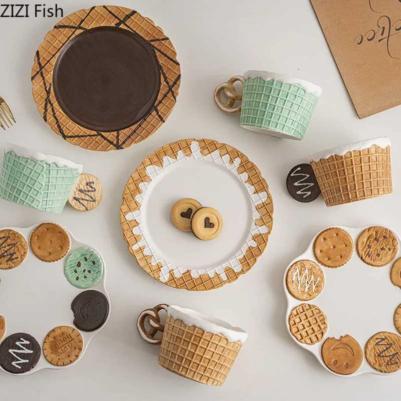 Creative Cookie Water Cup Cute Ceramic Mug Office Afternoon Tea Coffee Cup Home Breakfast Milk Cup Dessert Plate Drink Set M251206 - view 4
