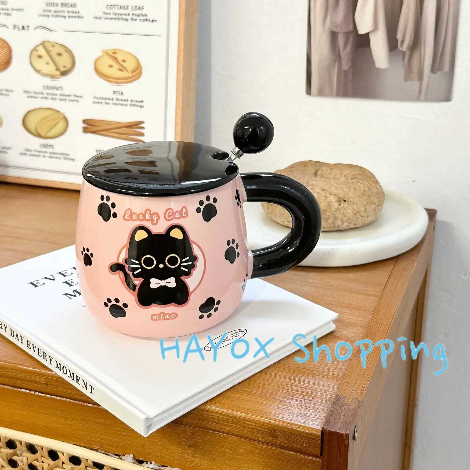 Pink Cat Mug Cartoon Ceramic Cup with Lid and Spoon Office Water Cup Cute Breakfast Mik Student Cup for Christmas Gift M251206 - view 7