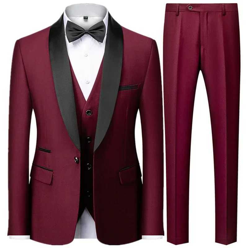 Black Men Autumn Wedding Party Three Pieces Set Large Size Male Blazer Coat Pants and Vest Fashion Slim Fit Suit M260313