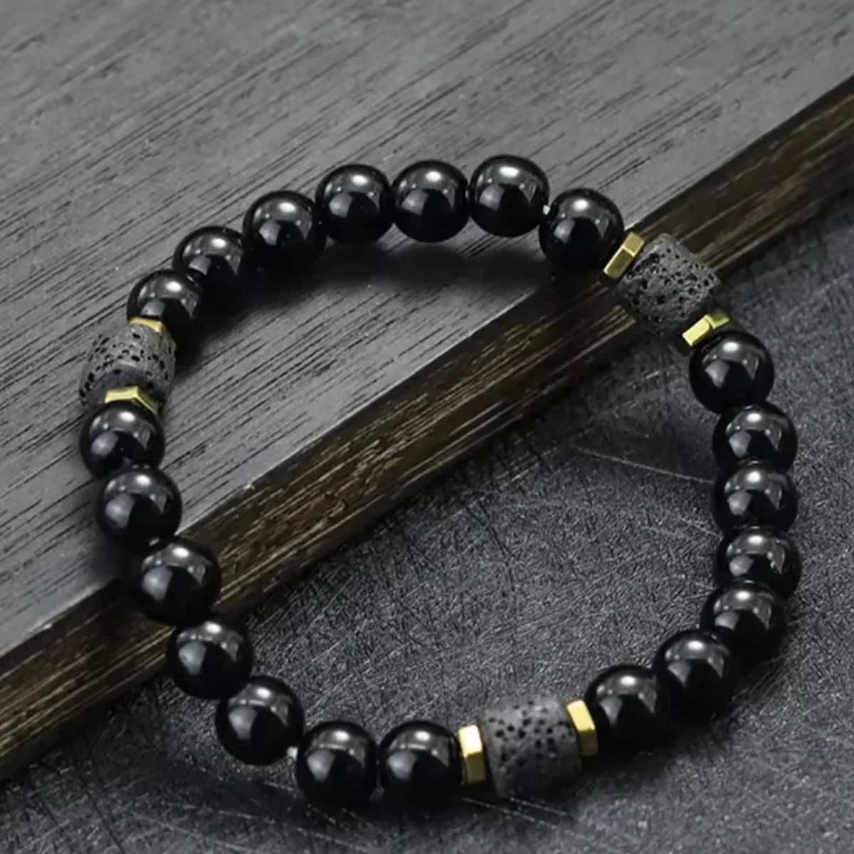Black Onyx Lava Bracelet - Matte Cube Gemstone Stretch Band for Men/Women Yoga Balance Energy Healing Jewelry Grounding W251206