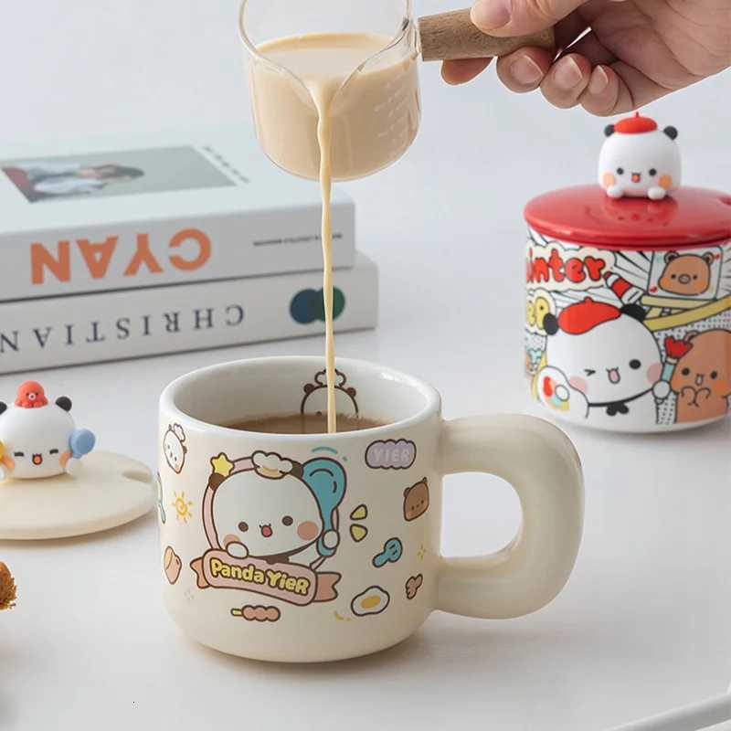 Cartoon Cute Panda Yier Bubu Dudu Ceramic Mugs With Lid Spoons Mitao Creative Water Cup Mugs Kawaii Drinkware Birthday Gift New M251206 - view 3