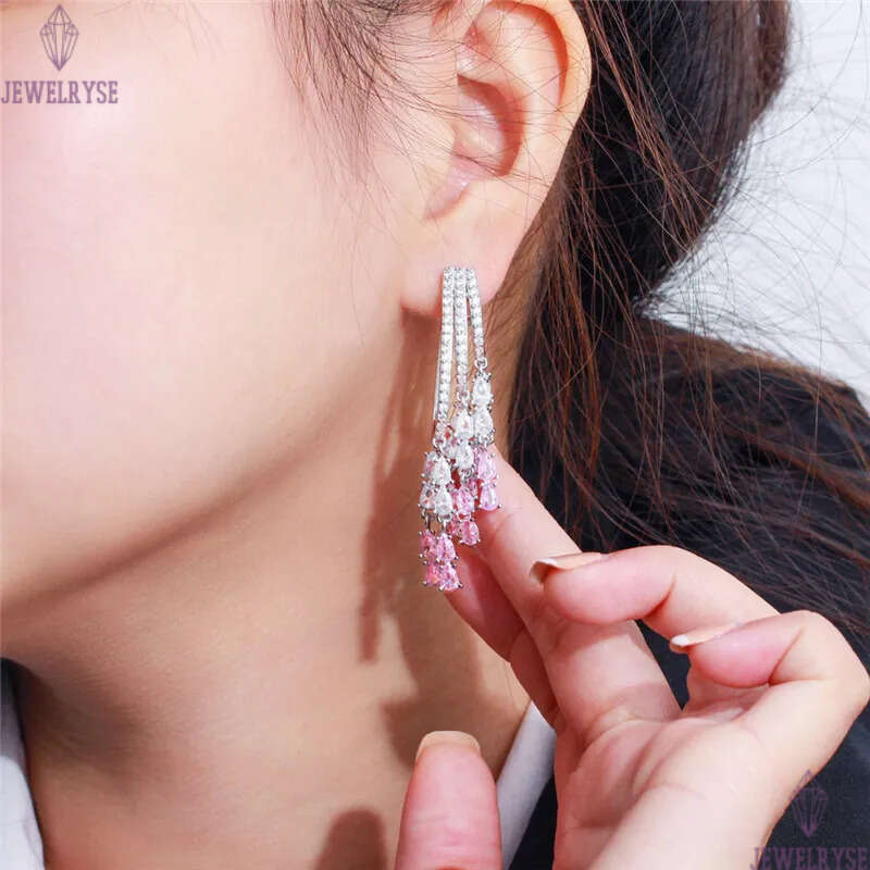 Charm Long Tassel Pink AAA Zirconia Cubic Earring Designer for Woman Party 925 Sterling Silver Post Diamond Earrings South American Wedding Engagement