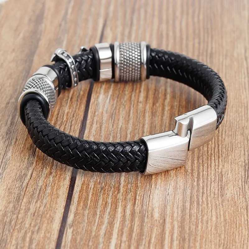 Fashion Stainless Steel Cross Bangles with Charms Chakra Men Classic Punk Leather Bracelet Male Braided Multilayer Bracelet W251206