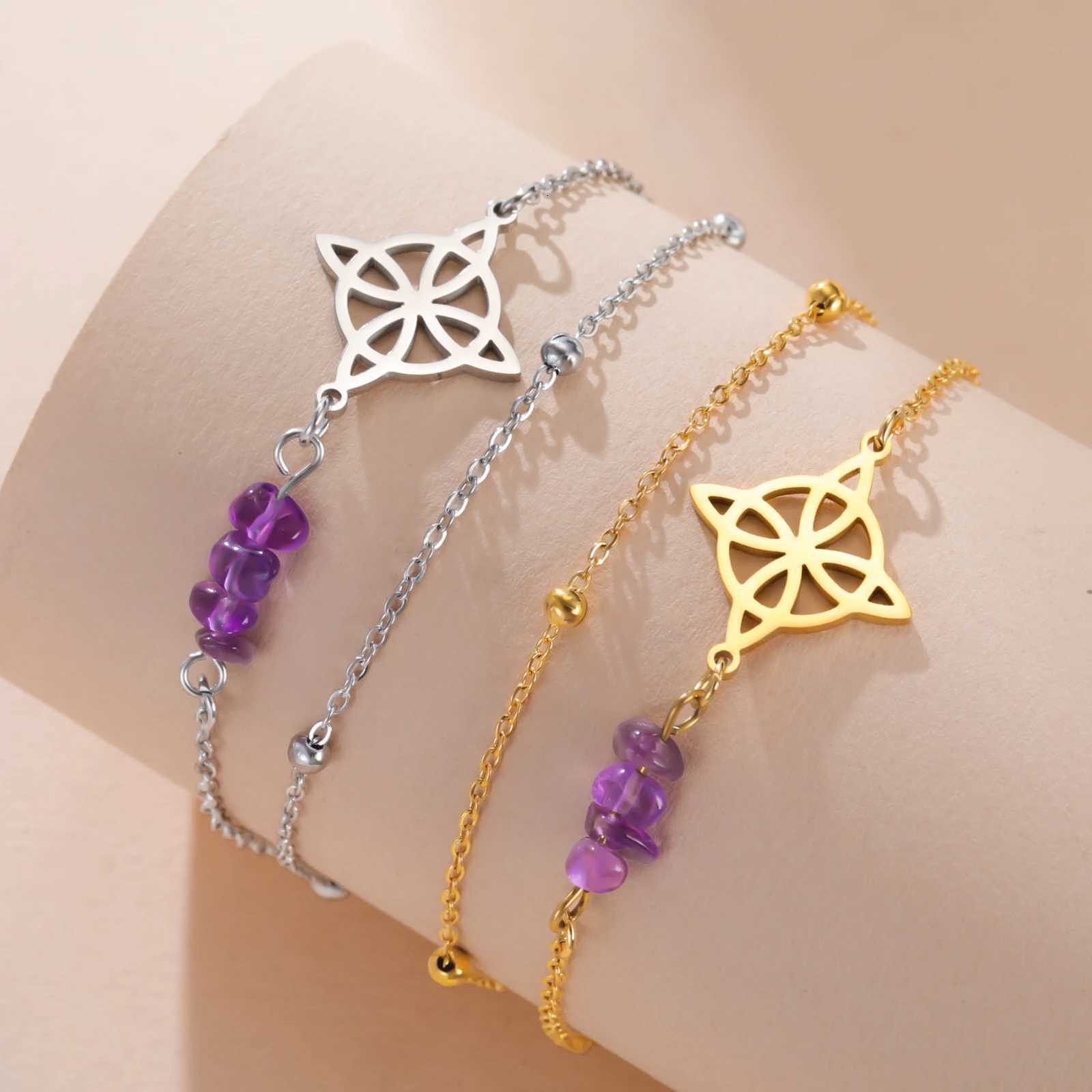 Teamer Purple Crystal Witch Knot Pendant bracelet Women Stainless Steel Beads Chain Vintage Amulet Witchcraft Jewelry Gift New W251206