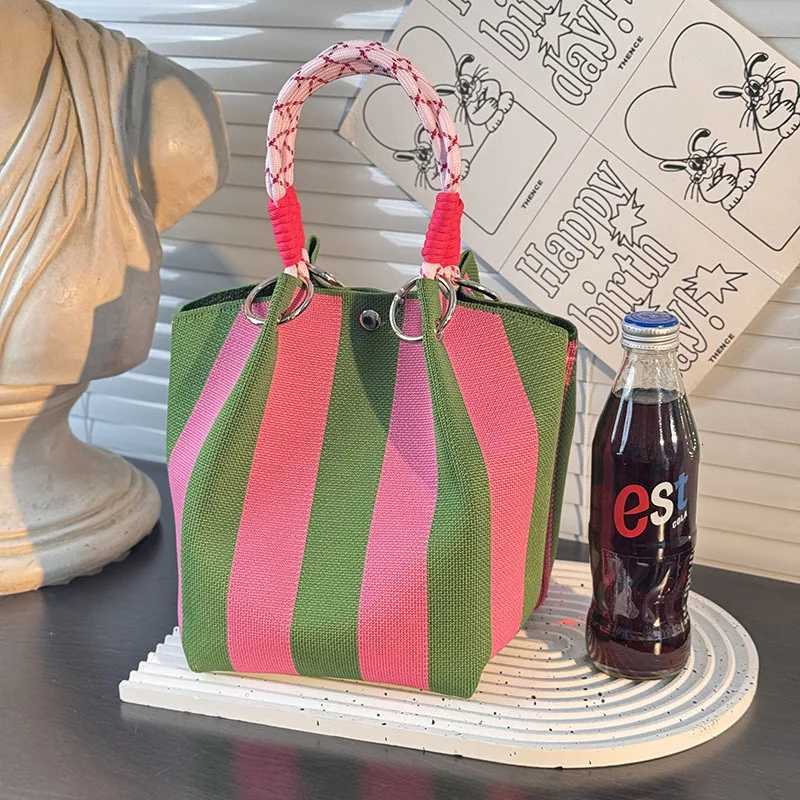 Colorful Stripe Handbag Large Capacity Bucket Rope Knot Spring Autumn Travel Versatile Soft Polyester Lining Mobile Phone BagT251206