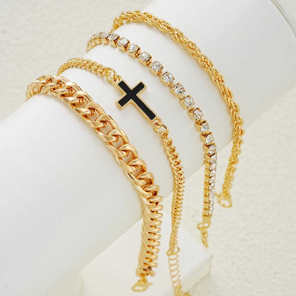 4pcs Stainless Steel Cross Chain Bracelet Set for Men Women Punk Hiphop Minimalist Zircon Bracelets Daily Wear Party Jewelry New W251206