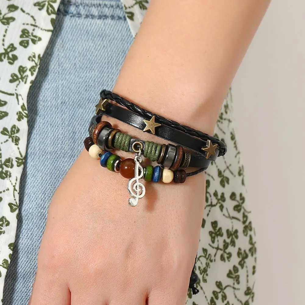Adjustable Trendy Musical Note Wood Beads Niche Design Leather Gypsy Hippie Bracelet Vintage Rope Layered Bracelet W251206