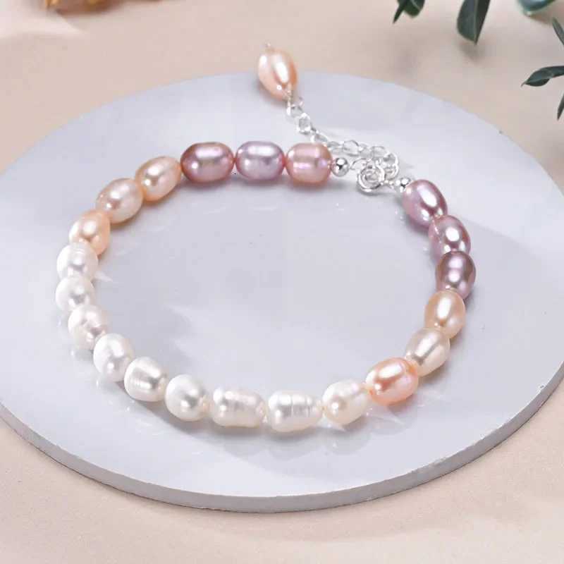 YWYC 6-7mm Rice Shape Freshwater Pearl Bracelet Pink Purple Mix Color S925 Sterling Silver Chain Womens Hand Bracelet Jewelry W251206