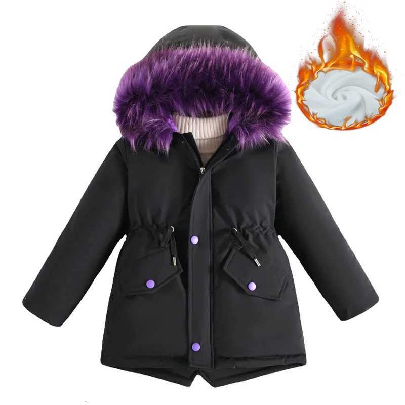 -20 Girls Thicken Coats Children Warm Fur Collar Hooded Jackets Teen Plus Velvet Outerwear Winter Kids Padded Windproof ParkasW251206