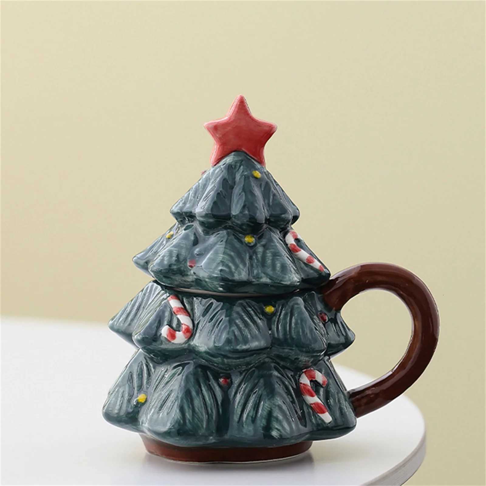 Ceramic Christmas Tree Mug with Lid and Brown Hand Grip Star Coffee Mug Party Cups Home Office Dishwasher and Microwave Safe M251206 - view 7
