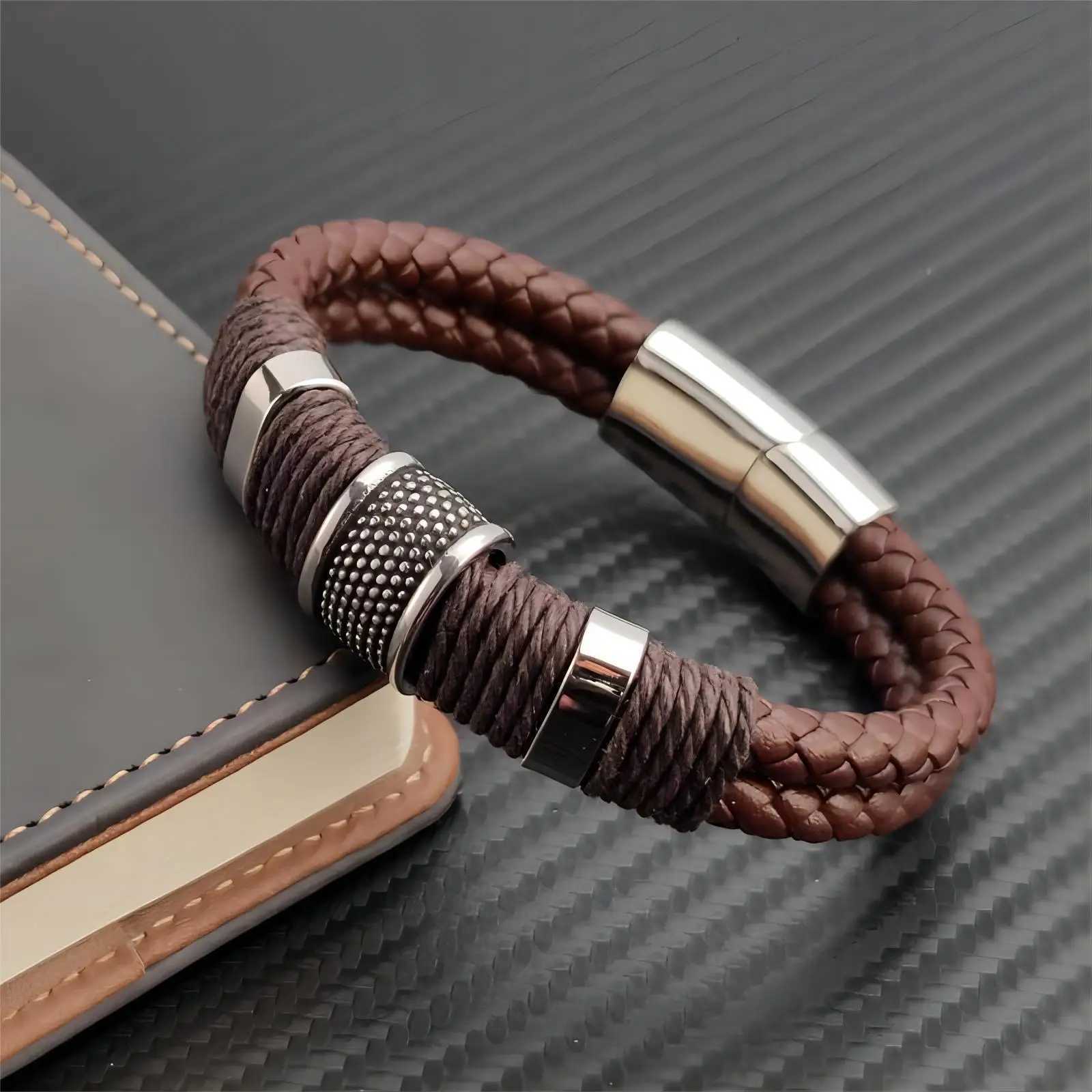 Luxury Vintage Multilayer Brown Genuine Leather Men Bracelet Stone Bead Bracelet Stainless Steel Jewelry Male Wrist Bangle Gift W251206
