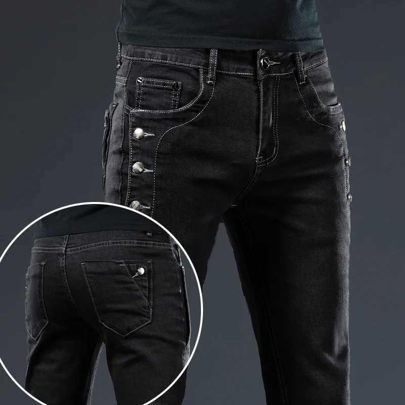 Classic Slim Vintage Fashion Mens Designer Jeans Snowflake Grey Wash Korean Fashion Stretch Pants Multi-button Denim Trousers W251206