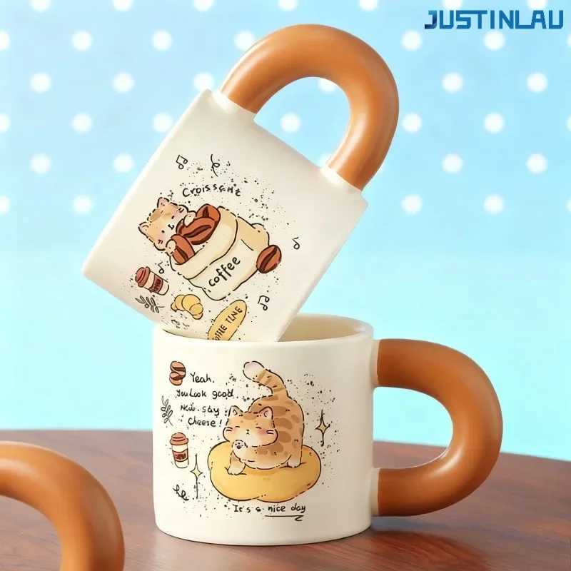 Coffee Cat Ceramic Big Ear Drinking Cup with Fat Handle Household Mug ceramic mug coffe cup tea cup set cup with straw coffee M251206 - view 3