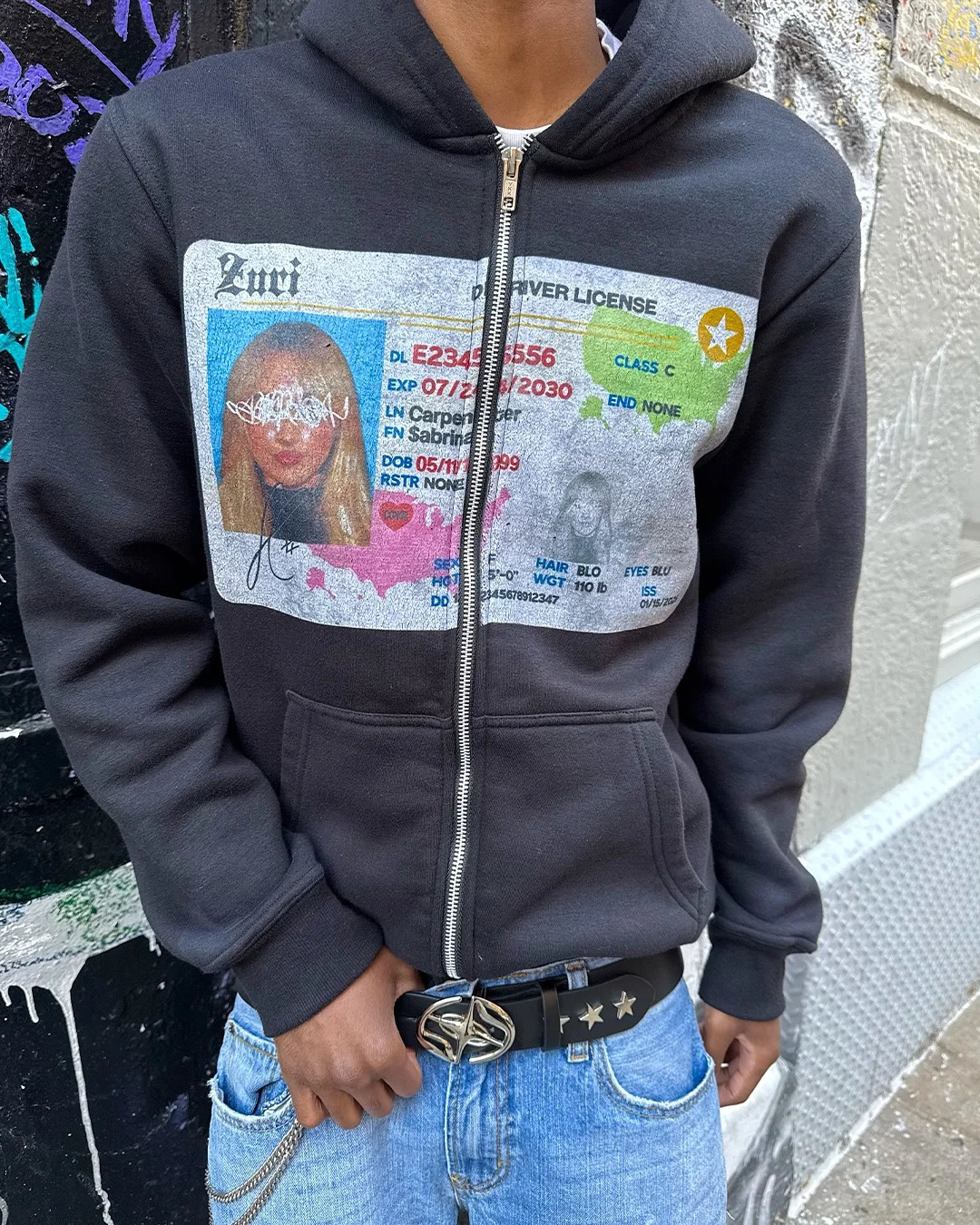 Mens Hoodie Black Zip Up Kangaroo Pocket Pullover Driver License Graphic Print Creative Graffiti Streetwear Loose Fit Sweatshirt 251202