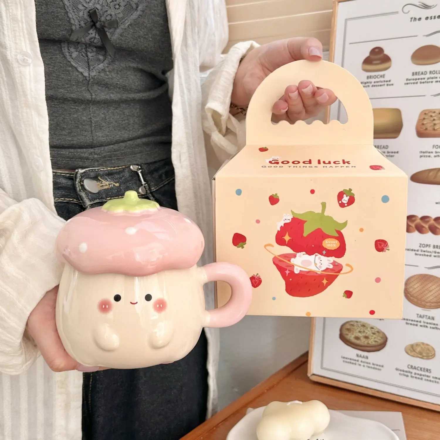 Cute Strawberry Ceramic Cup Girls Heart Cartoon with Lid and Spoon Birthday Anniversary Gift Ceramic Mug Coffee Mug with Straw M251206 - view 6