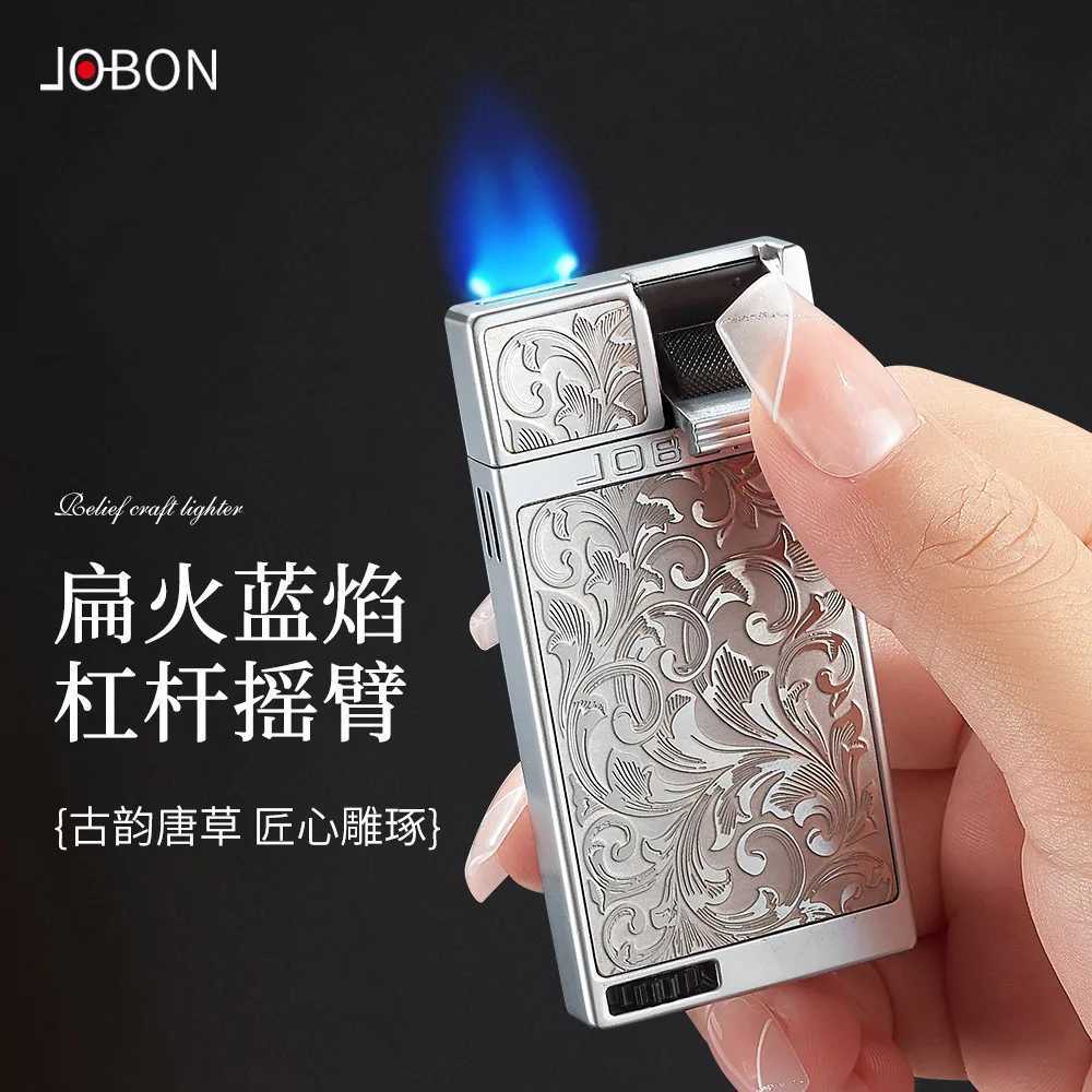 JOBON Flat Fire Blue Flame Gas Lighter Lr Ignition Tangcao Pattern Creative High-end Mens Gift H251206