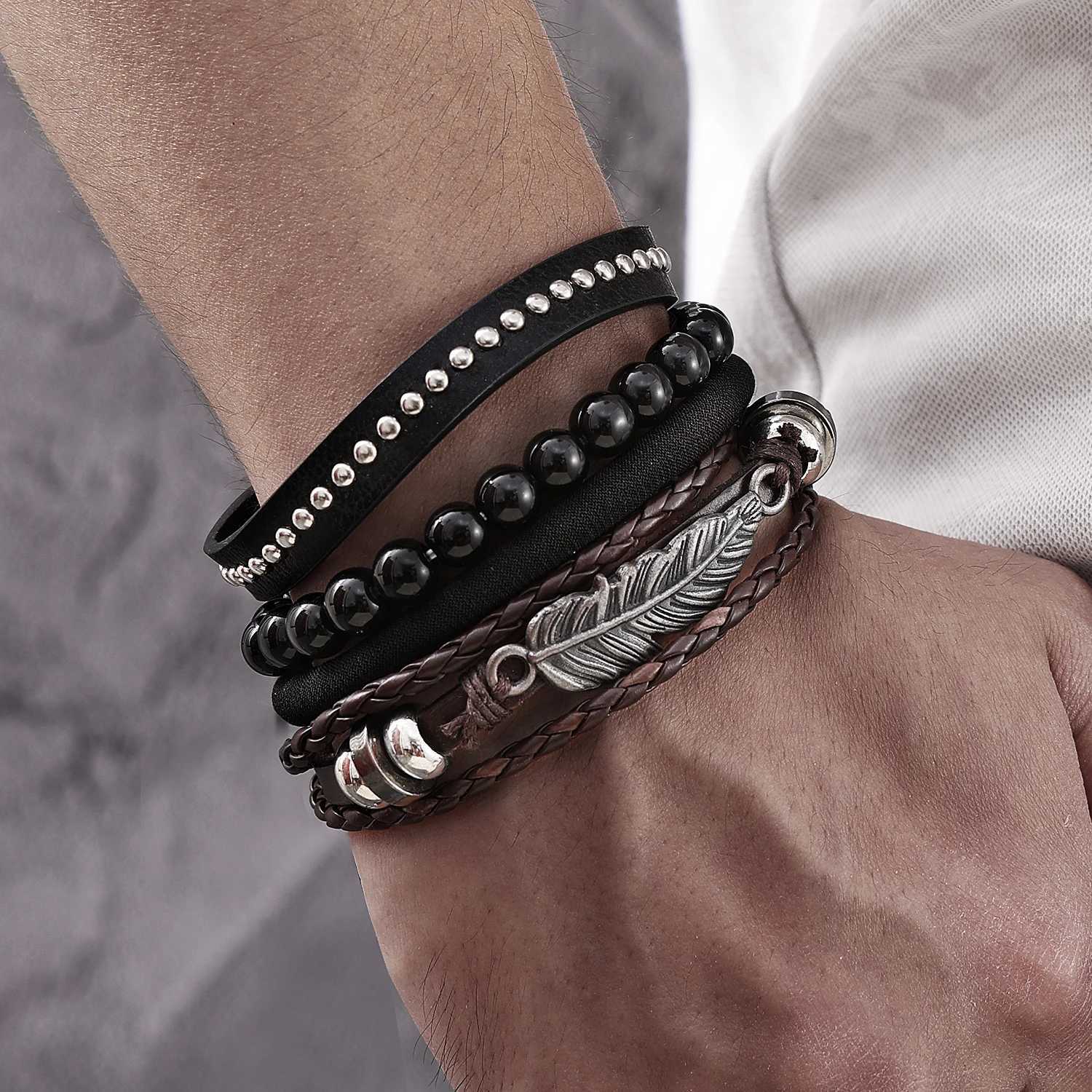 FNIO Braided Wrap Leather Bracelets for Men Vintage Charm Guitar Cross Feather Wood Beads Ethnic Tribal Wristband Rope Bracelet W251206