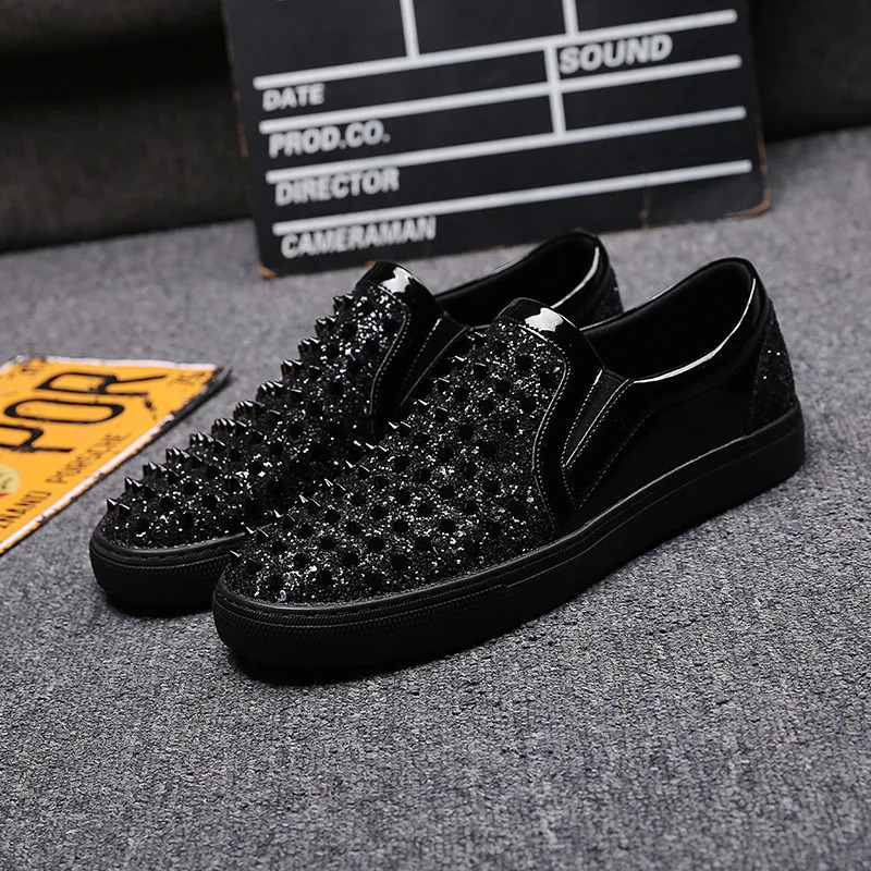 Men loafers Black Diamond Rhinestones Spikes men shoes Rivets Casual Flats sneakers wholesale 251204