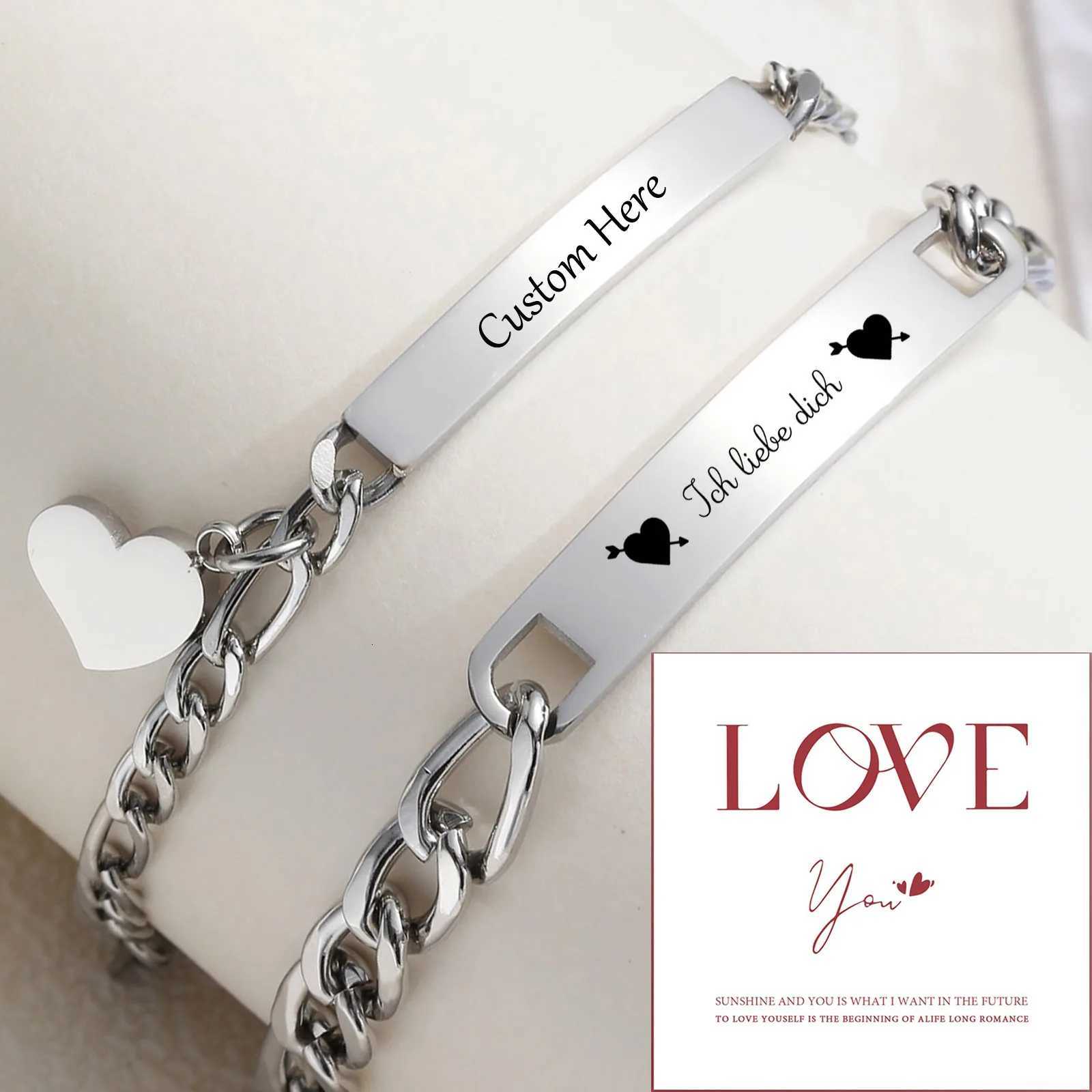 Vnox Custom Valentines Day Gift Jewelry for Couples Love Promise Bracelets for Women Men Heart Charm Figaro Chain Bracelets W251206