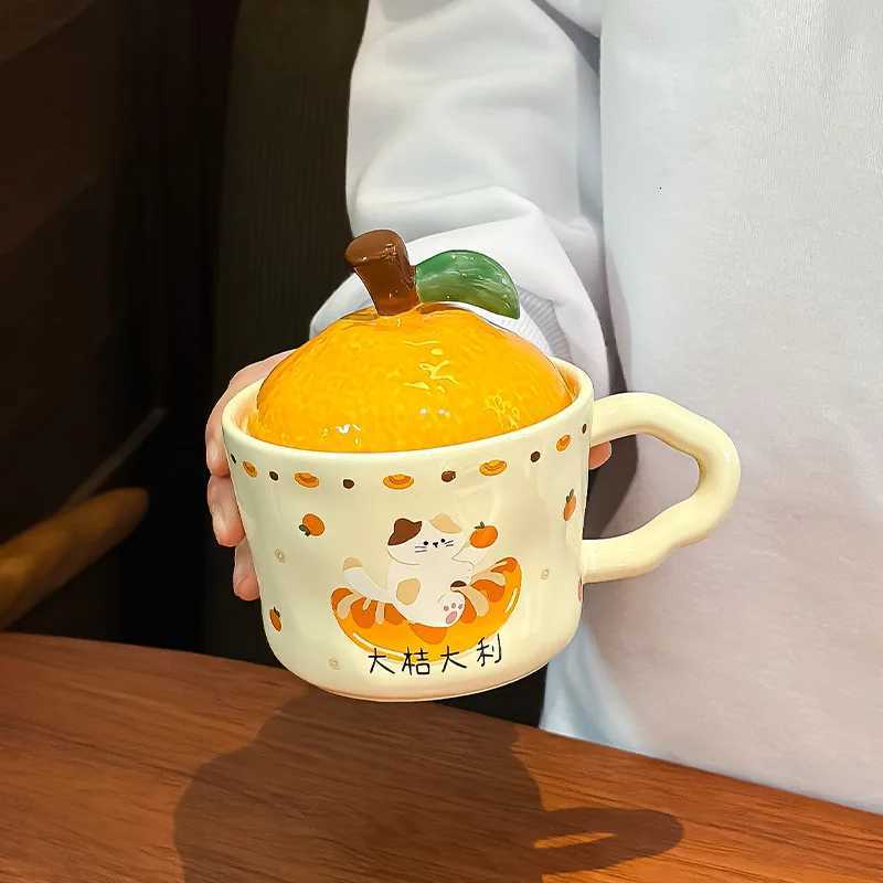 Cute Orange Cat Mug With Lid Funny Mugs Coffee Cups Breakfast Cup Personalized Gift Drinkware Cup for Tea Christmas Ceramic Beer M251206 - view 6