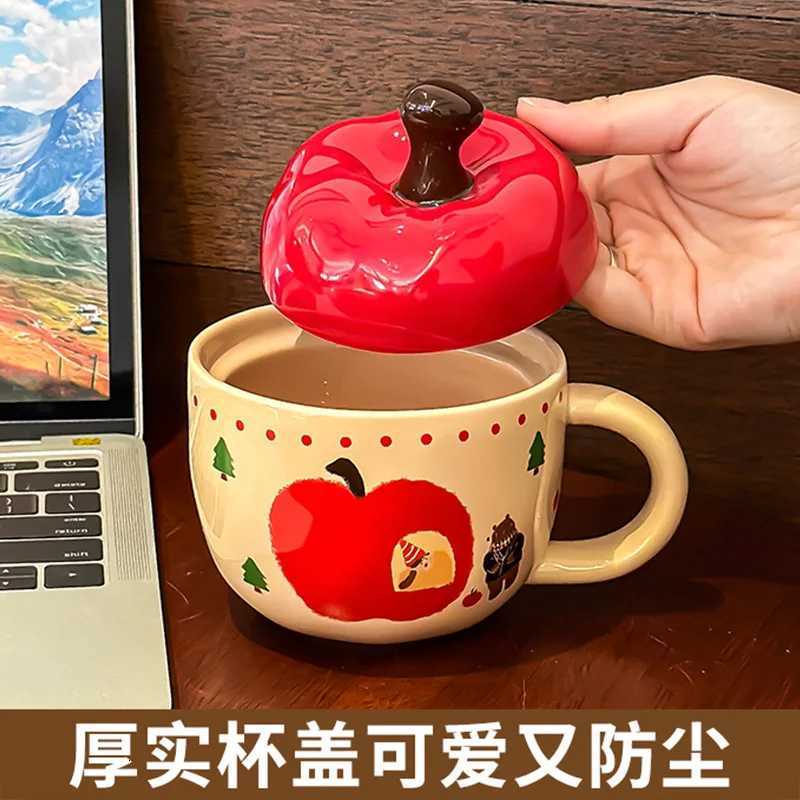 Cute Cartoon Apple Ceramic Mug with Lid Spoon Creative Coffee Milk Cup for Office Home Use M251206 - view 5