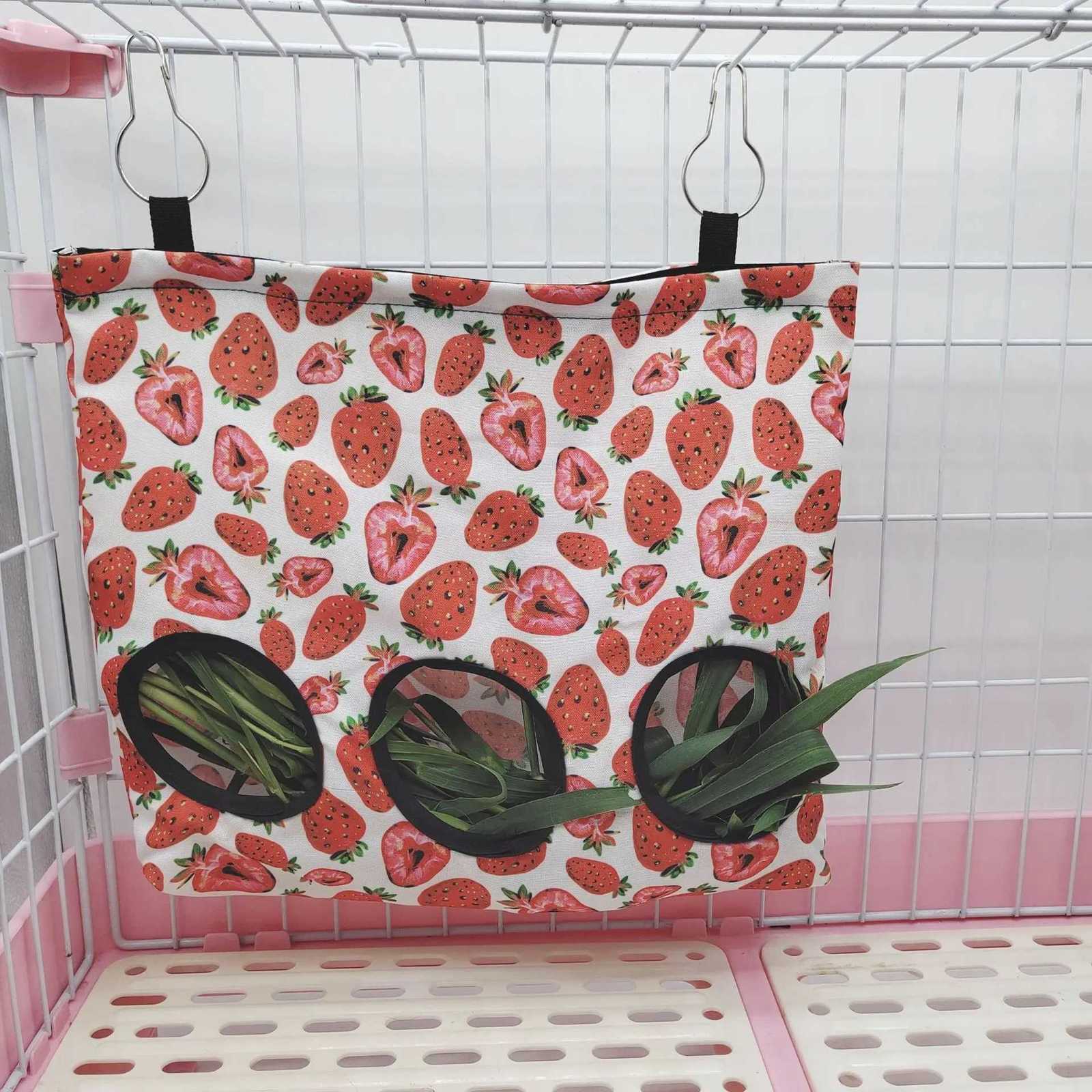 Hanging Hay Bag with for Bunny Guinea Pigs Small Animal Feeder Rabbit Food Dispensers Bag Pet Feeding Bag 2/3 Holes M251206