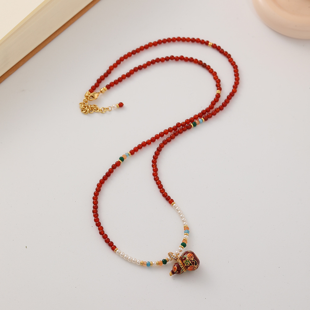 Original New Chinese Style Red Gourd Natural Stone Beaded Necklace for Women Vintage Exquisite Elegant Versatile Long Sweater Chain ddmynov