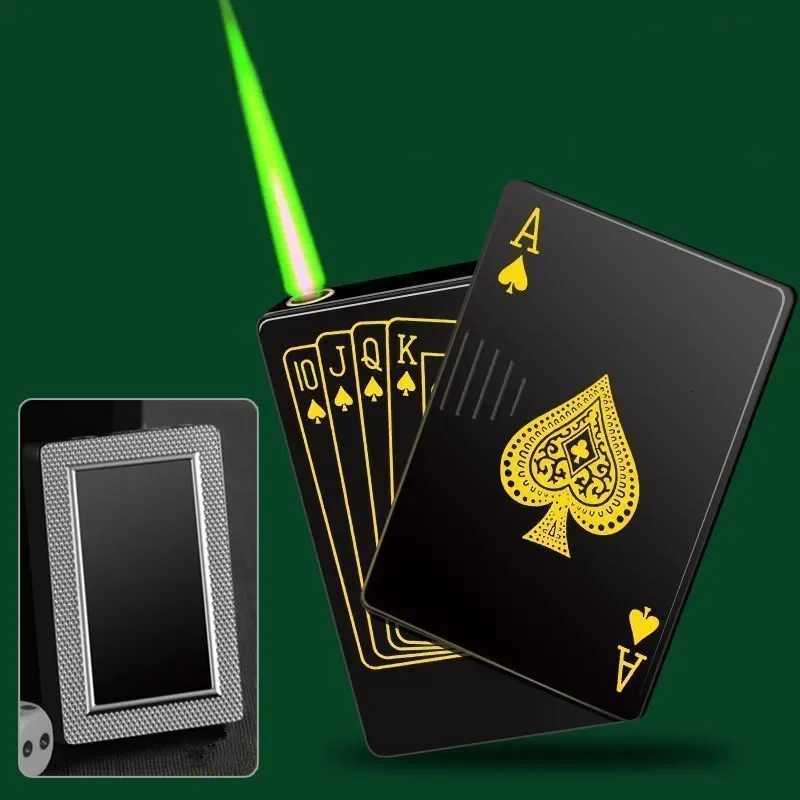 Metal Playing Cards Butane Lighter Windproof Jet Flame Ace of Spades Cigarette Lighter Fun Gift For Men Smoking Accessories H251206