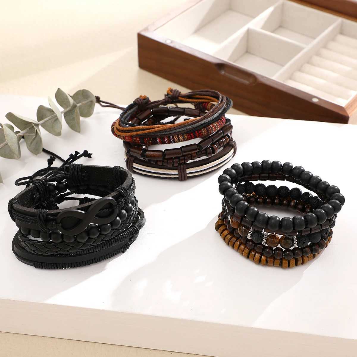 15 Pcs/set Classic Mens Leather Bracelet Vintage Style Hand-woven Multi-layer Combination Accessory Fashion Man Jewelry Gifts W251206