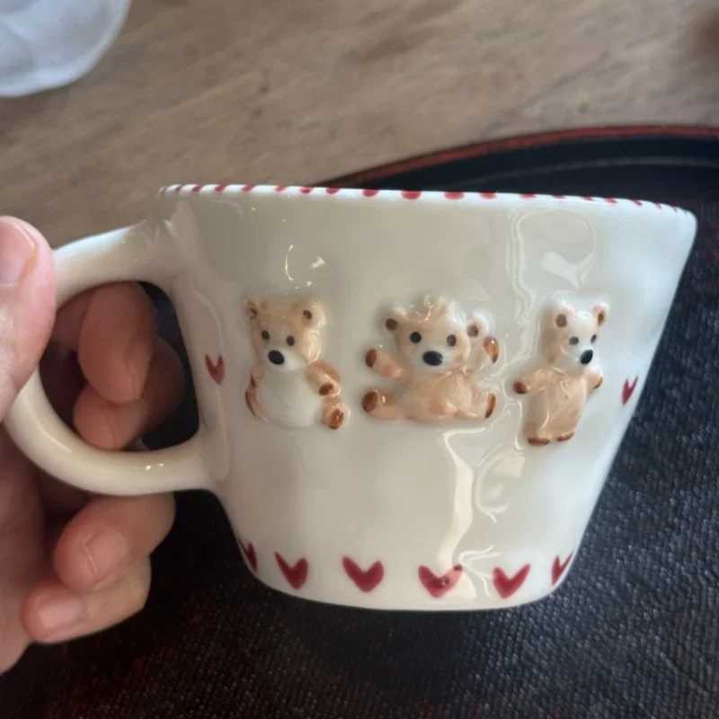 300ml Hand-drawn Ceramic MUgs Coffee Cup Hand Pinched Irregular Bear Milk Tea Cup Letter Waffle Croissant Oatmeal MUg M251206 - view 5