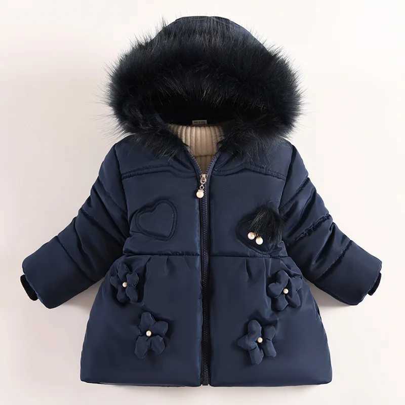 Flowers Autumn Winter Girls Jacket Fur Collar Keep Warm Little Princess Coat Hooded Zipper Baby Outerwear 1-5 Years Kids ClothesW251206