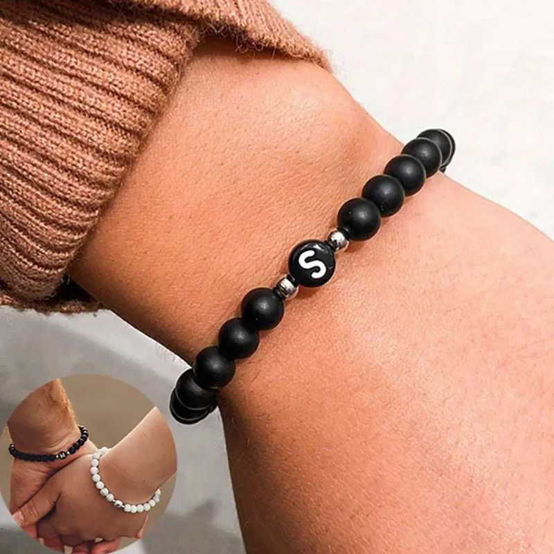 Initial Bracelet for Men and Woman Black Onyx 6mm Beads Bracelet with Letter Relationship Jewelry for Couples Alphabet bracelet W251206