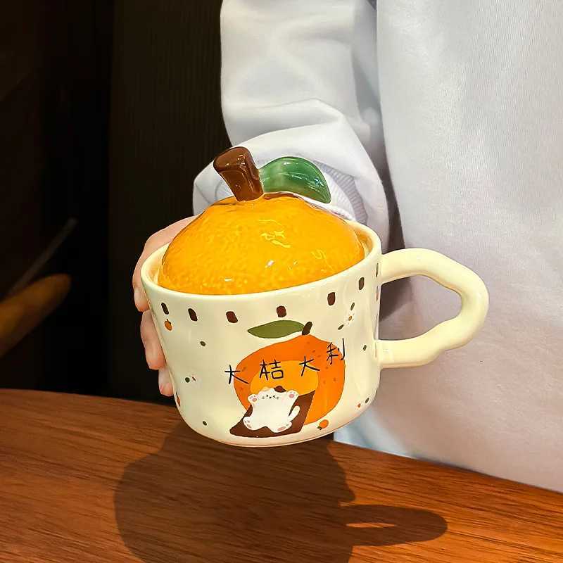 Cute Orange Cat Mug With Lid Funny Mugs Coffee Cups Breakfast Cup Personalized Gift Drinkware Cup for Tea Christmas Ceramic Beer M251206 - view 5