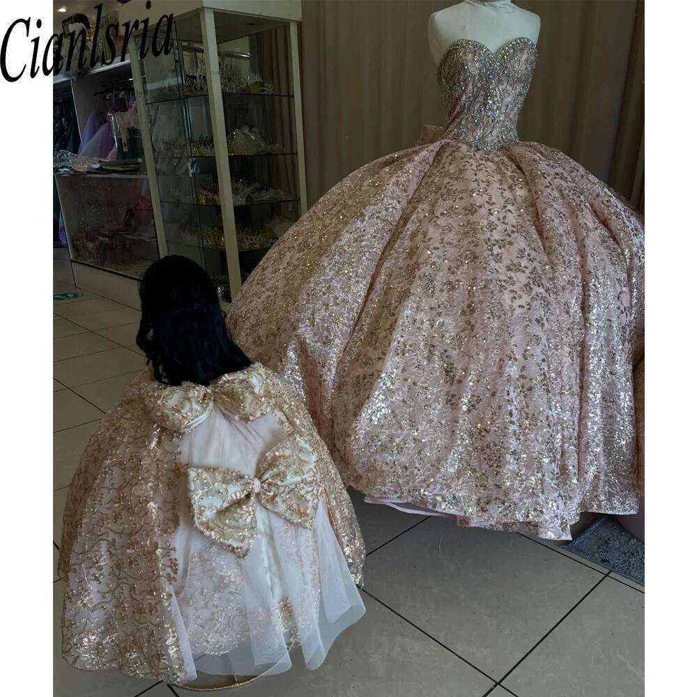 Glitter Pink Quinceanera Dresses Ball Gown Sweet Applique Beads Bow Sequined Graduation Party vestidos de quincea era