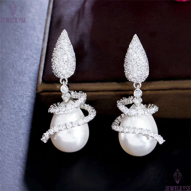 Elegant Long Faux Pearl Bridal Designer Earring for Wedding AAA Cubic Zirconia Drop Dangle Women Bridesmaid Earrings Engagement Fashion Luxury Jewelry