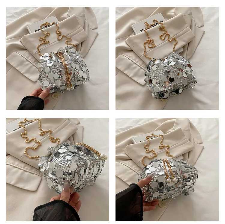Sequin Chain Womens Portable Bucket Shoulder Bags Retro Ladies Dinner Party Clutch Purse Luxury Design Female Crossbody BagT251206