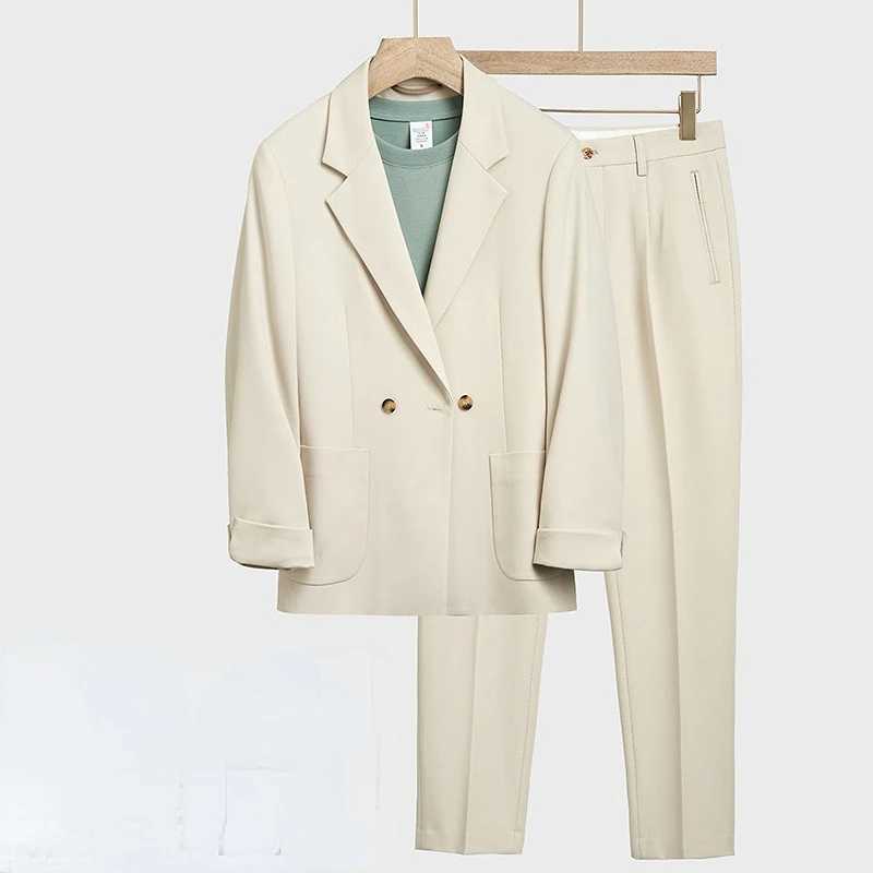 2025 Mens Korean Style Suit Set - Loose Fit Casual Blazer Pants Slim Fit Spring Autumn Two-Piece Outfit Complete Set M260313