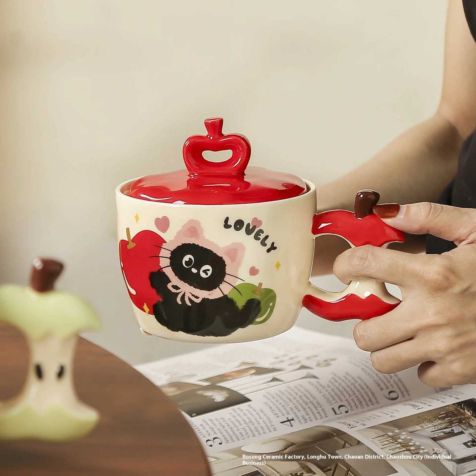 Apple Shape Black Cat Pattern Ceramic Mug with Lid Coffee Milk Teacup with Hand Gift Kitchen Home M251206 - view 5