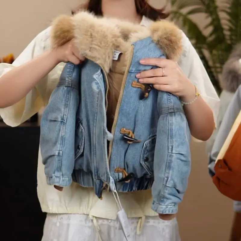 Childrens Cotton Jacket Winter New Boys and Girls Deinm Down Cotton Hooded Jacket Big Wool Collar Casual Cotton Coat ParkasW251206