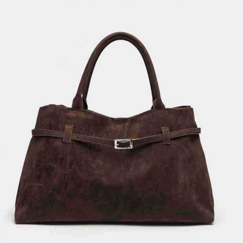 Vintage Suede Handbag Brown Matte Finish Classic Tote with Lock Design Large Capacity Commuter Bag for WomenT251205